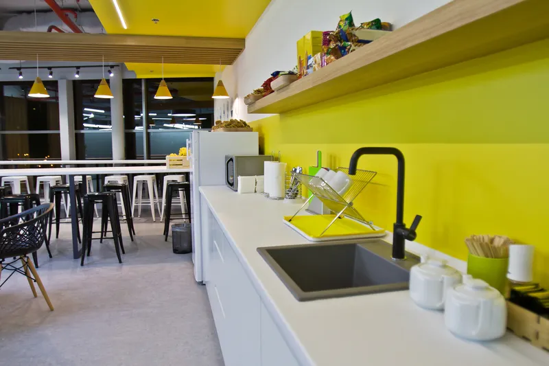 Luxury dining room, small office and modern white kitchen. Interior design